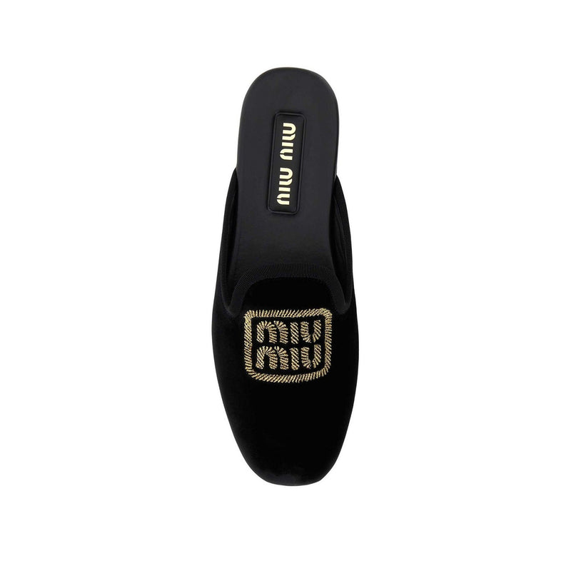 Mules - Miu Miu Logo Embroidered Slip-On - Black