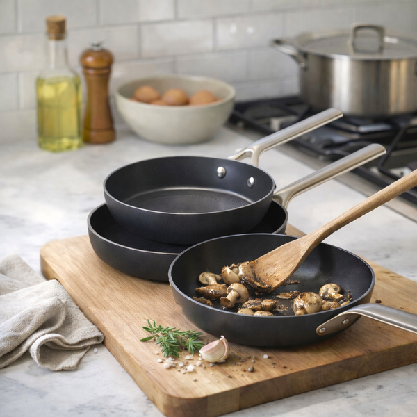 Set of 3 Cast Iron Frying Pans with Honeycomb Structure and Stainless Steel Handle - Black