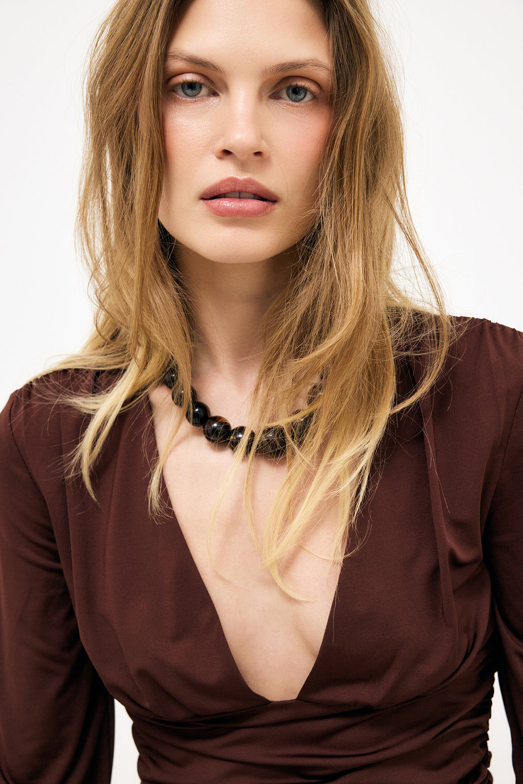 Top Deep Neckline Long Sleeve - Marron