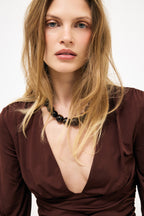 Top Deep Neckline Long Sleeve - Marron