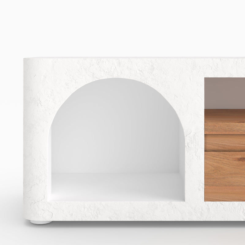 Meuble TV Fira en plâtre blanc cassé 140 cm avec tiroir