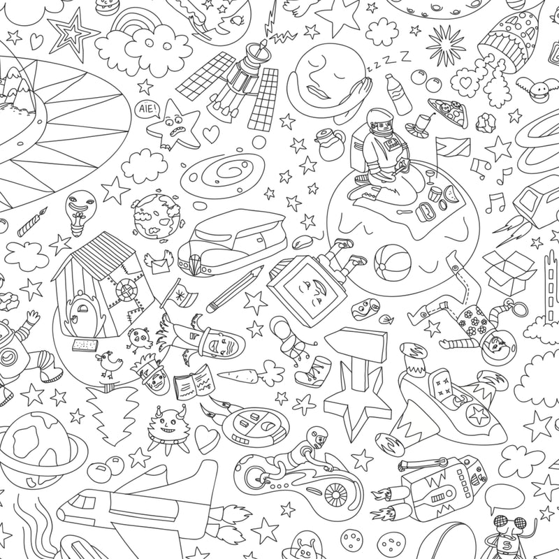 Détail noir et blanc du poster à colorier Cosmos avec planètes, robots et vaisseaux