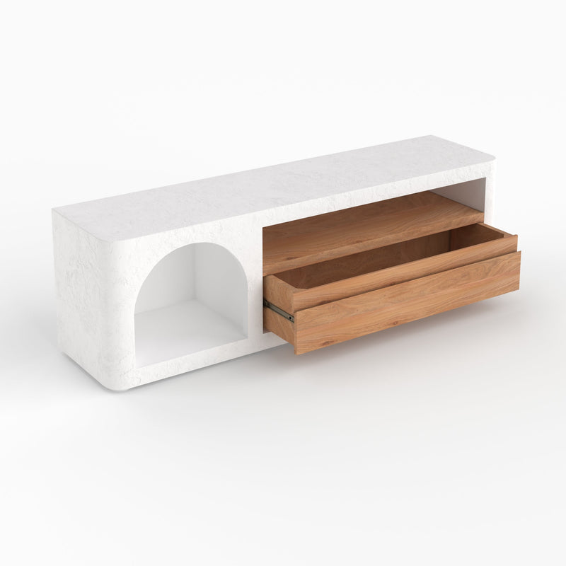 Meuble TV Fira en plâtre blanc cassé 140 cm avec tiroir