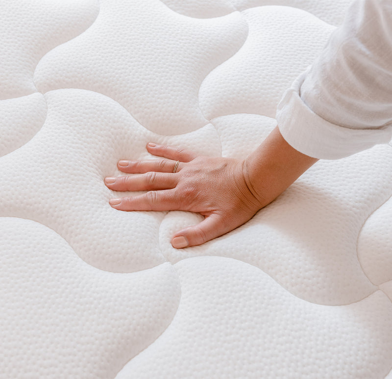 Two-piece grey spring mattress and upholstered bed base set