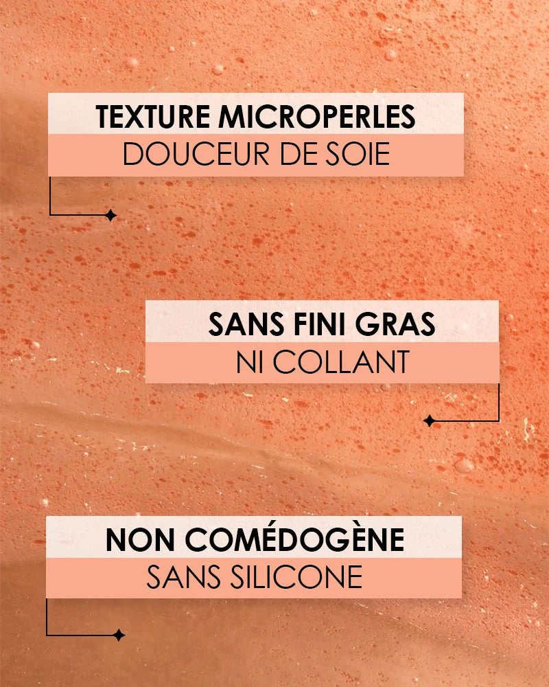 texture du sérum avec les 3 bénéfices : texture microperles, sans fini gras, non comédogène