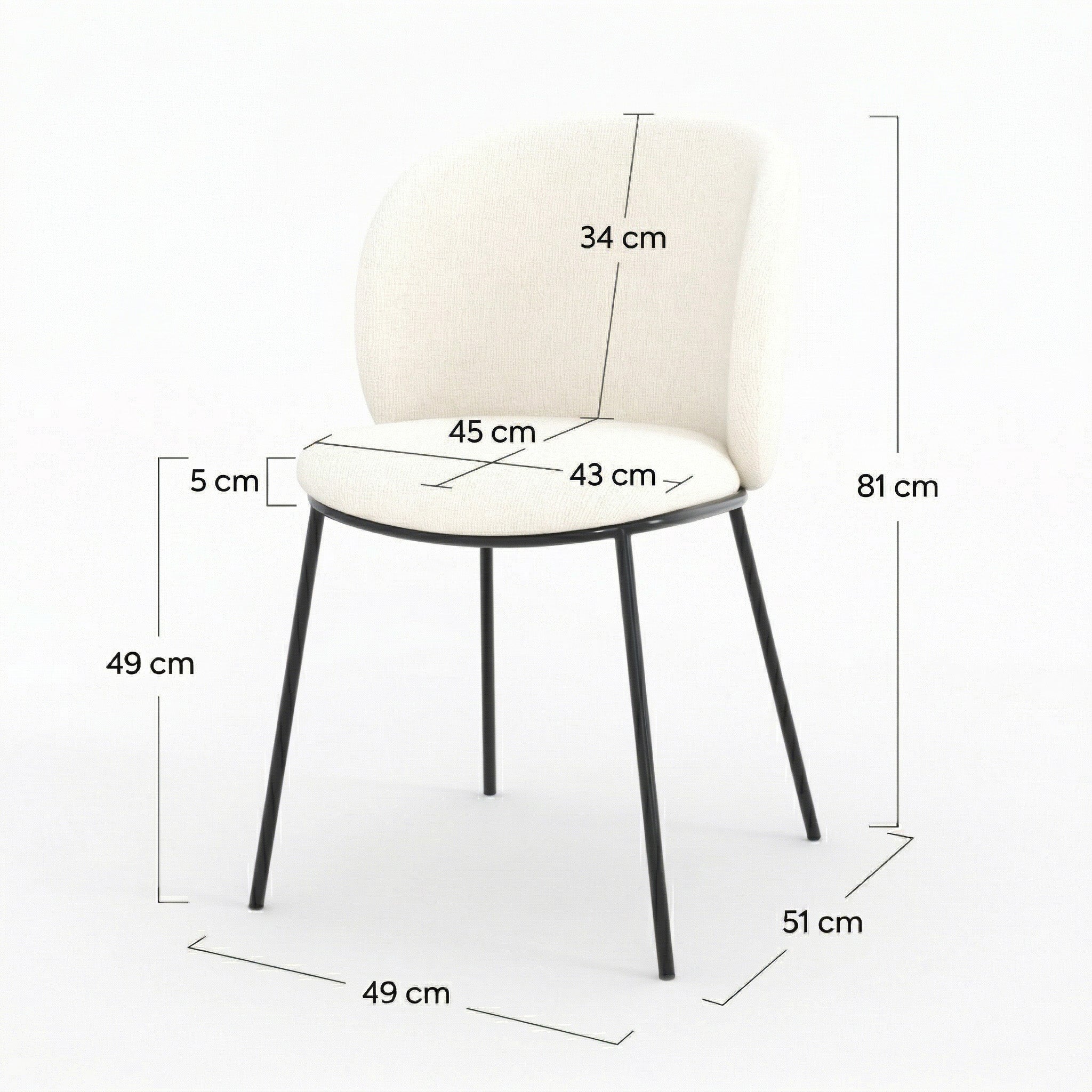 Bulle - Set of 2 Chairs in Soft White Fabric, Black Metal Legs