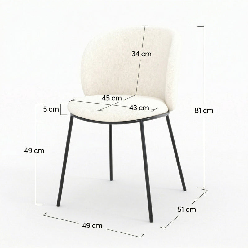 Lot de 2 chaises Bulle en tissu doux blanc, pieds métal noir