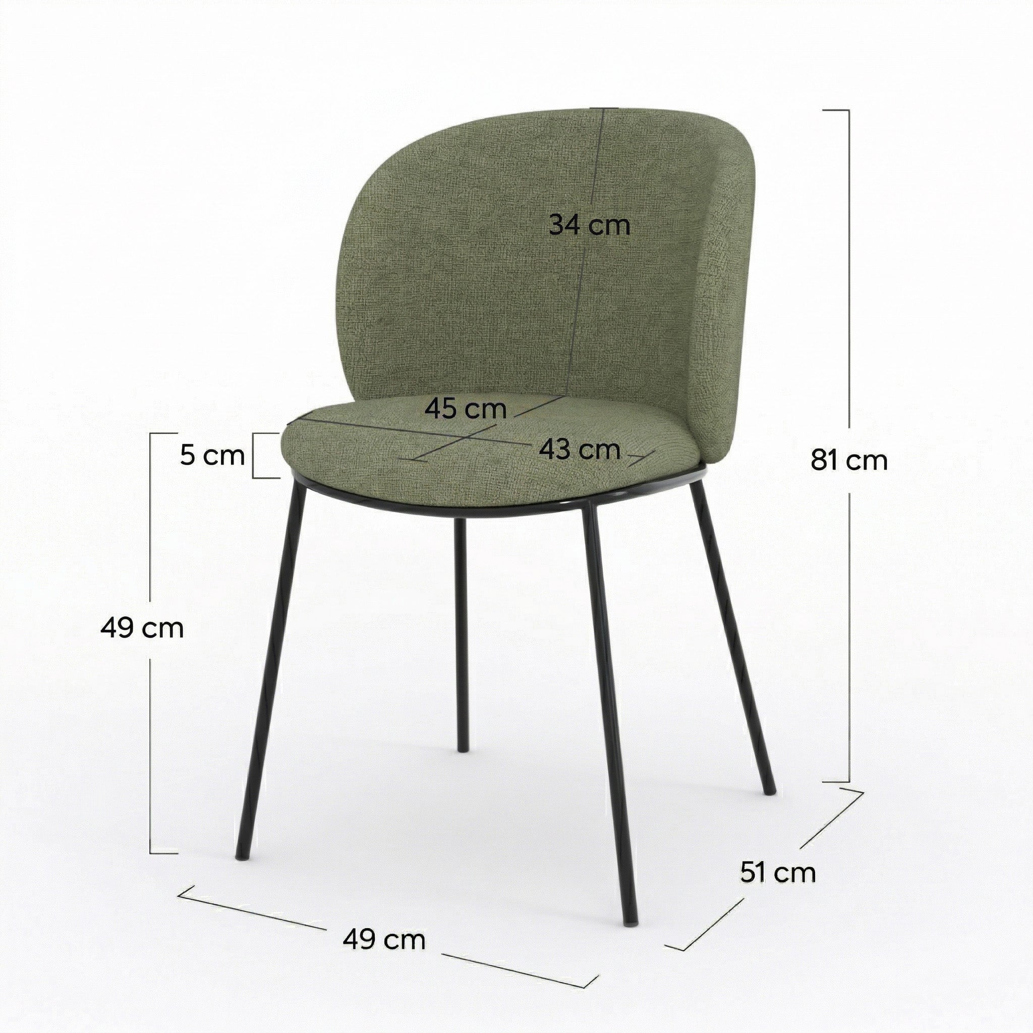 Bulle - Conjunto de 2 sillas de tela verde caqui, patas de metal negro