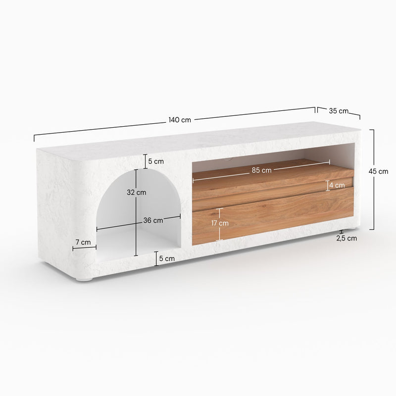Meuble TV Fira en plâtre blanc cassé 140 cm avec tiroir