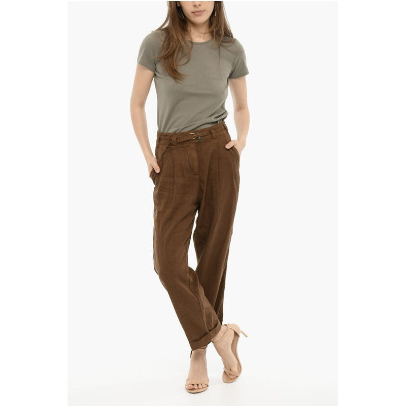 Doluble Pants Pleated Linen And Cotton With Belt