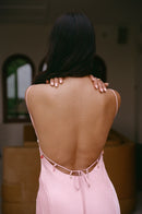 Backless Satin Dress With Pendants - Pink