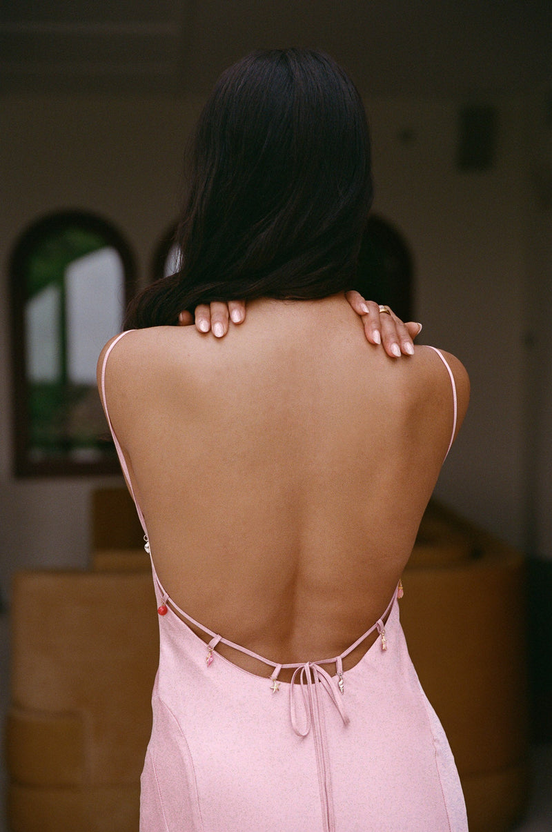 Backless Satin Dress With Pendants - Pink