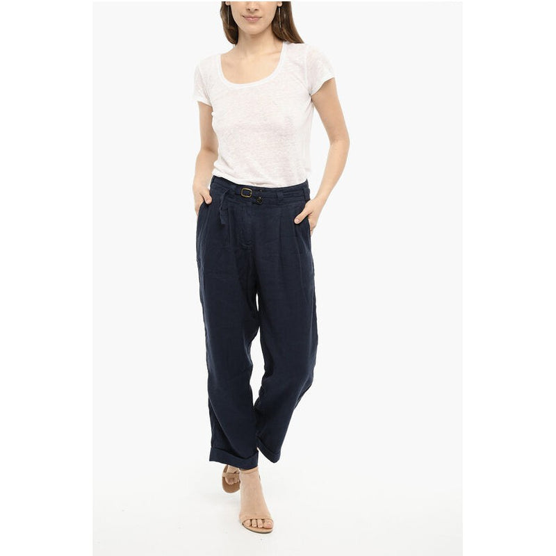 Double Pleat Cotton And Linen Pants With Belt