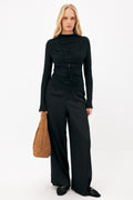 Top in jersey drappeggiato a maniche lunghe - Nero