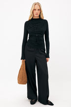 Top in jersey drappeggiato a maniche lunghe - Nero