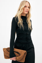 Top in jersey drappeggiato a maniche lunghe - Nero