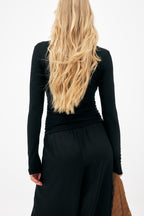 Top in jersey drappeggiato a maniche lunghe - Nero