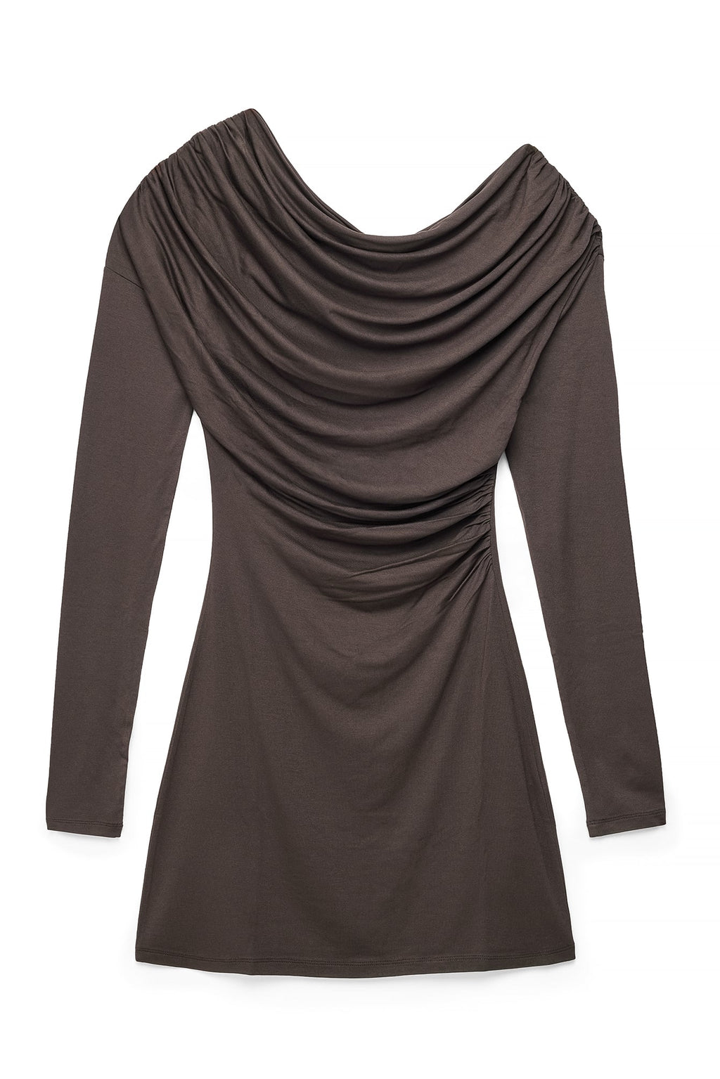 Vestido Corto Drapeado De Manga Larga Marrón