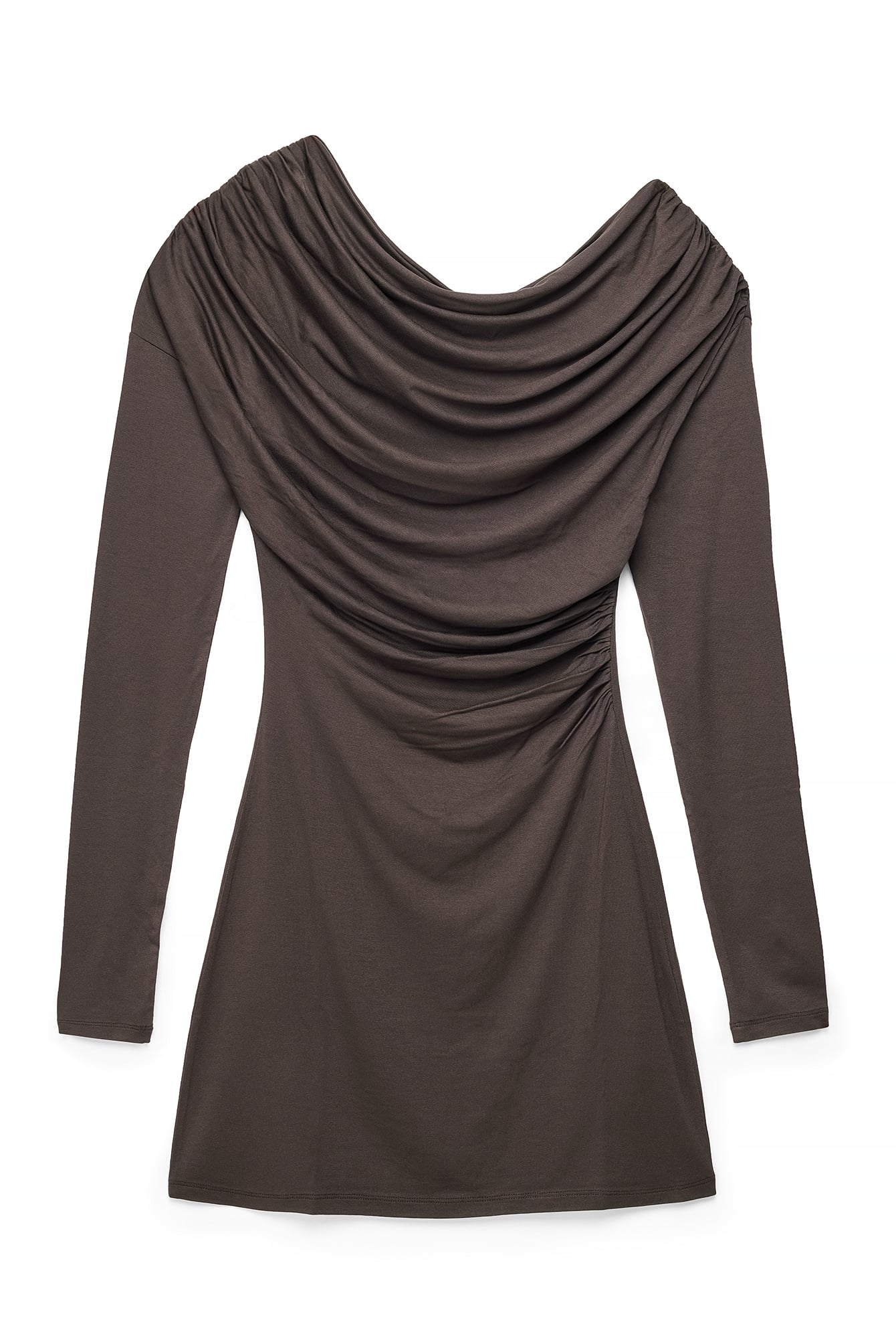 Vestido Corto Drapeado De Manga Larga Marrón