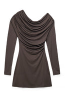 Robe Courte Drapée À Manches Longues Marron