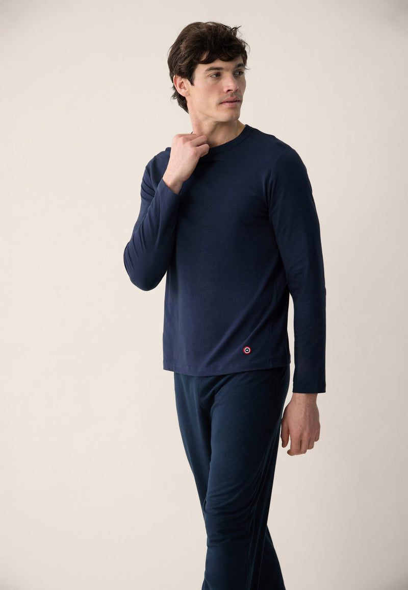 T-Shirt Homme Bleu Marine À Manches Longues En Coton - Superbe Marine