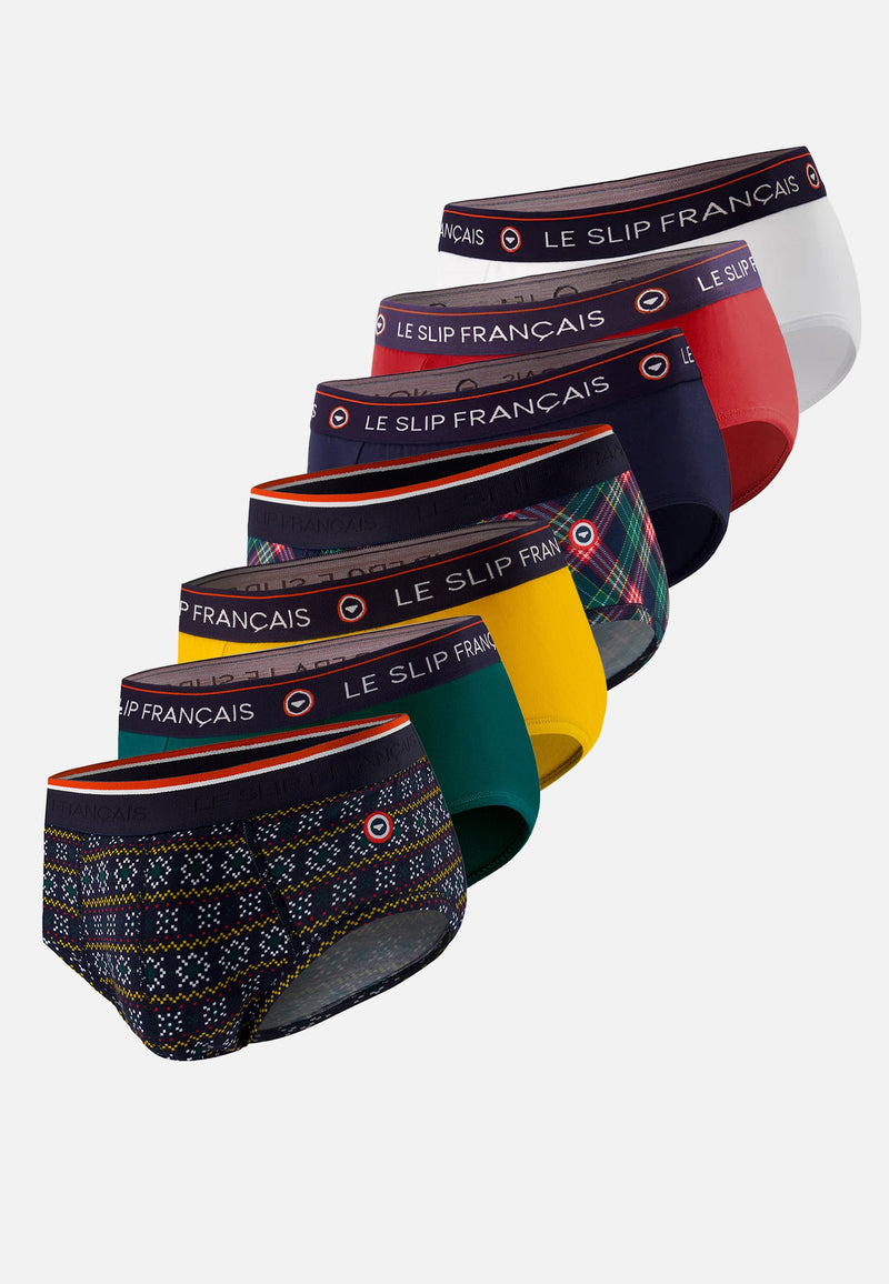Lot De 7 Slips En Coton - Slips Flocon Moutarde Vert Sapin Tartan Rouge Cerise Marine Blanc