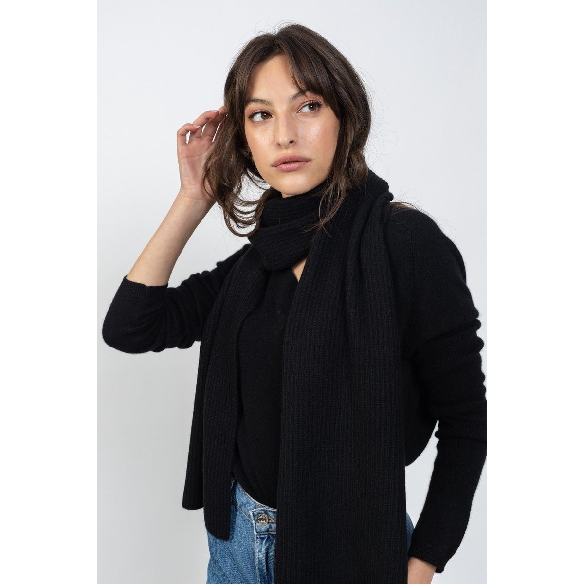 Apolline Black Scarf, English Rib, 100% Cashmere, 4-Ply - Accessory