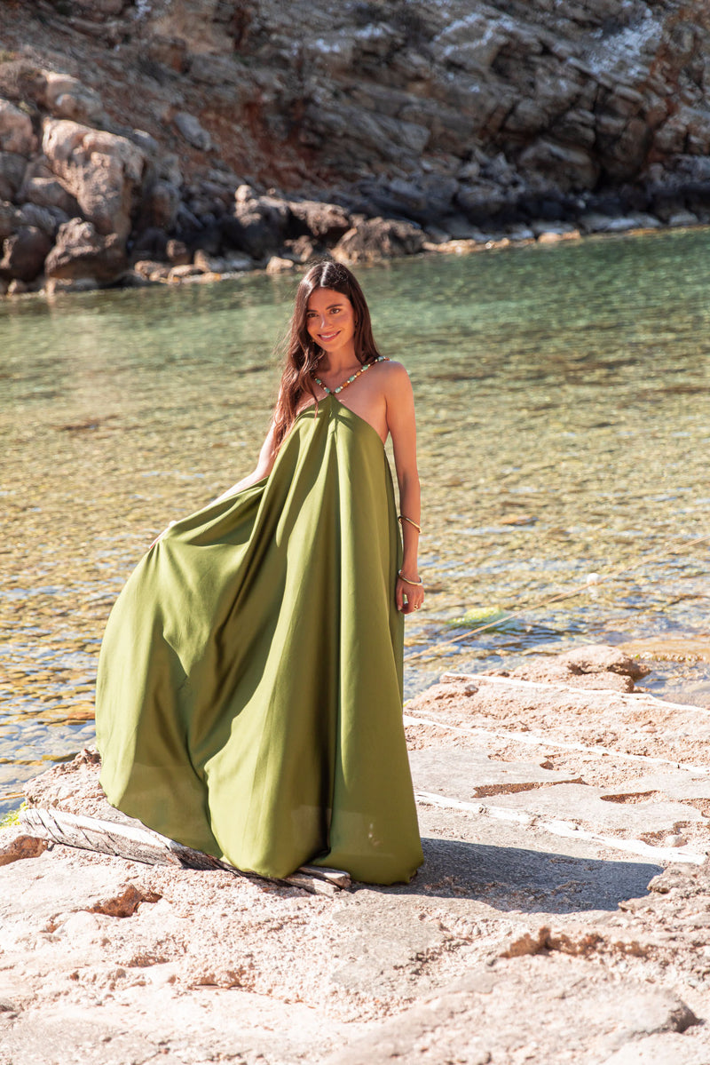 ÉLÉA Vert Olive - Robe Perles Satinée