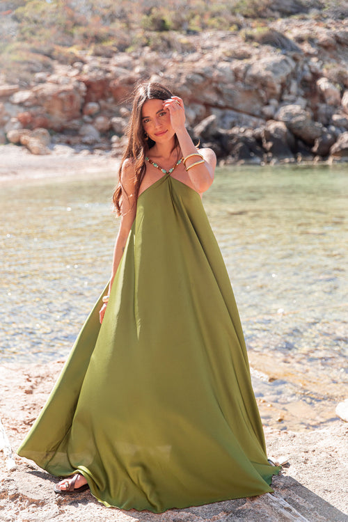 ÉLÉA Vert Olive - Robe Perles Satinée