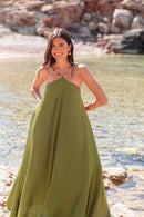ÉLÉA Vert Olive - Robe Perles Satinée