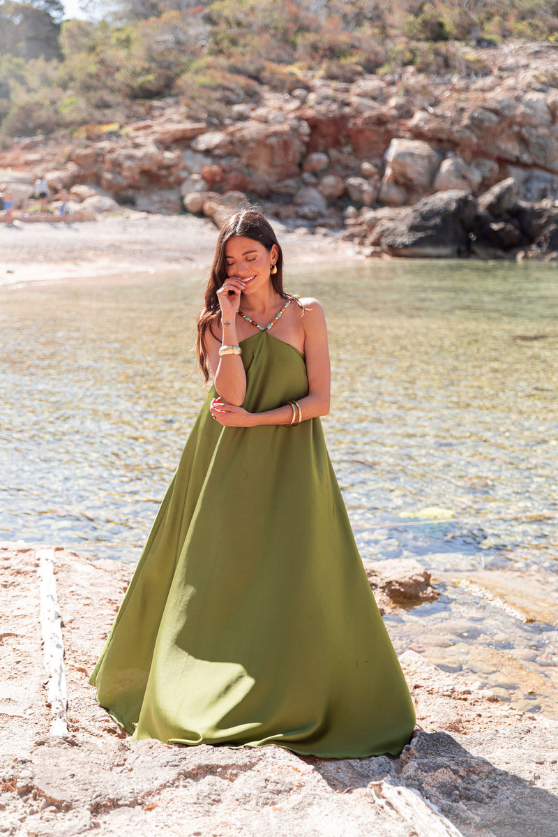 ÉLÉA Vert Olive - Robe Perles Satinée