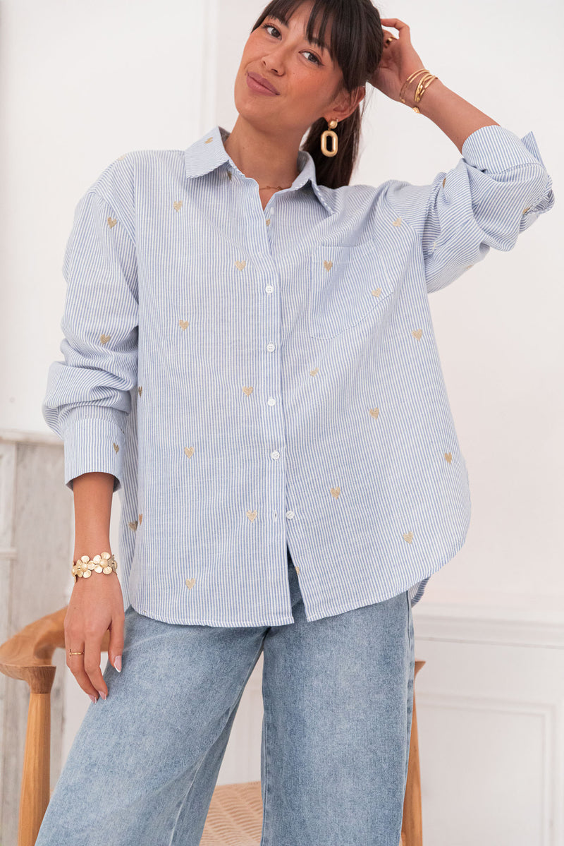ELLIE Bleue/Dorée - Chemise Coeurs