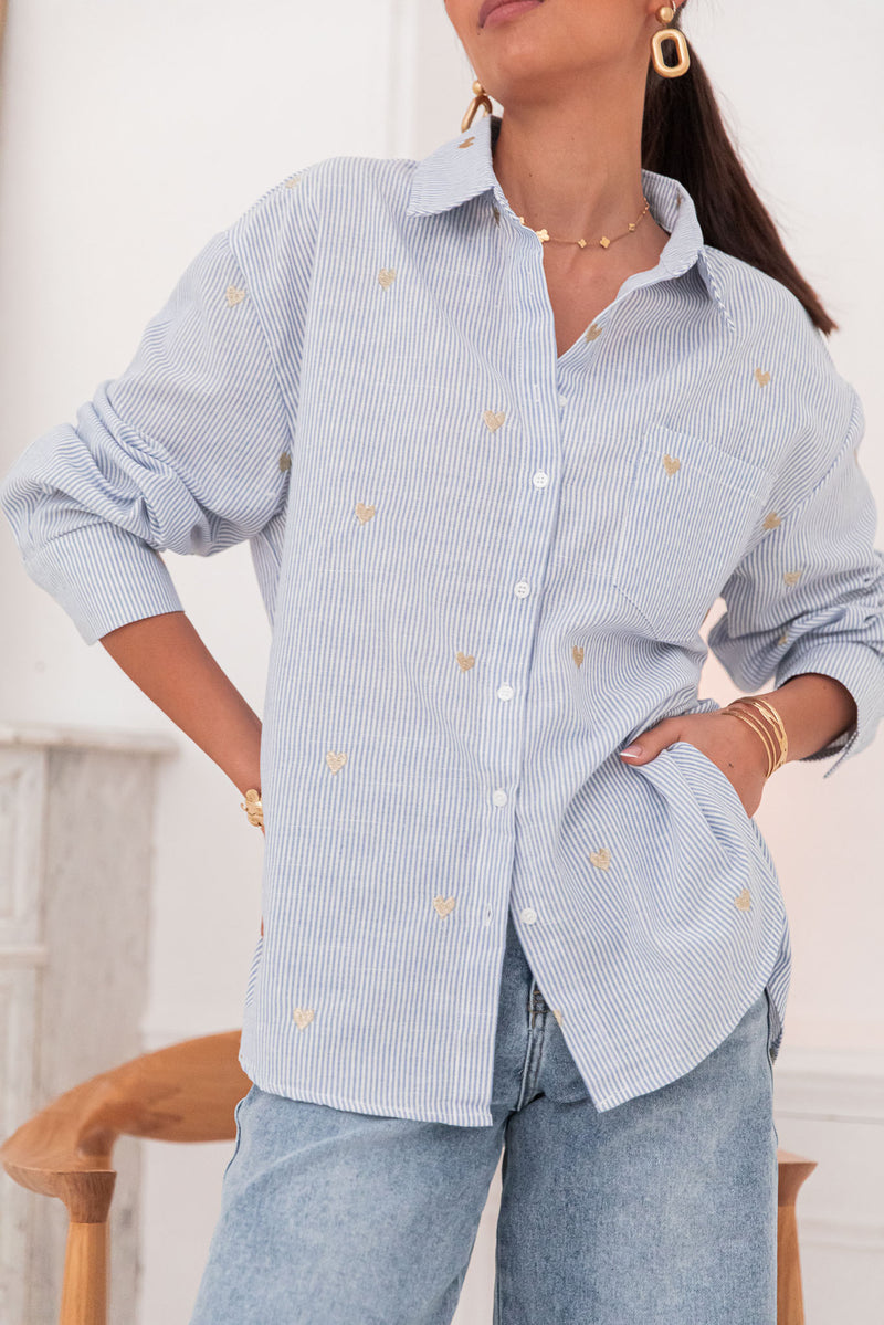 ELLIE Bleue/Dorée - Chemise Coeurs