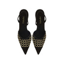Elora Black High-Heel Slingback Pump featuring chic metallic detailing and a classic silhouette for day and evening wear.