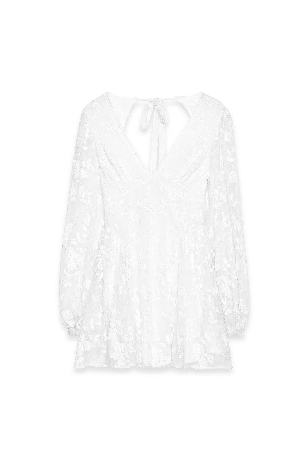 Vestido Corto de Muselina Bordada con Mangas Largas Blanco