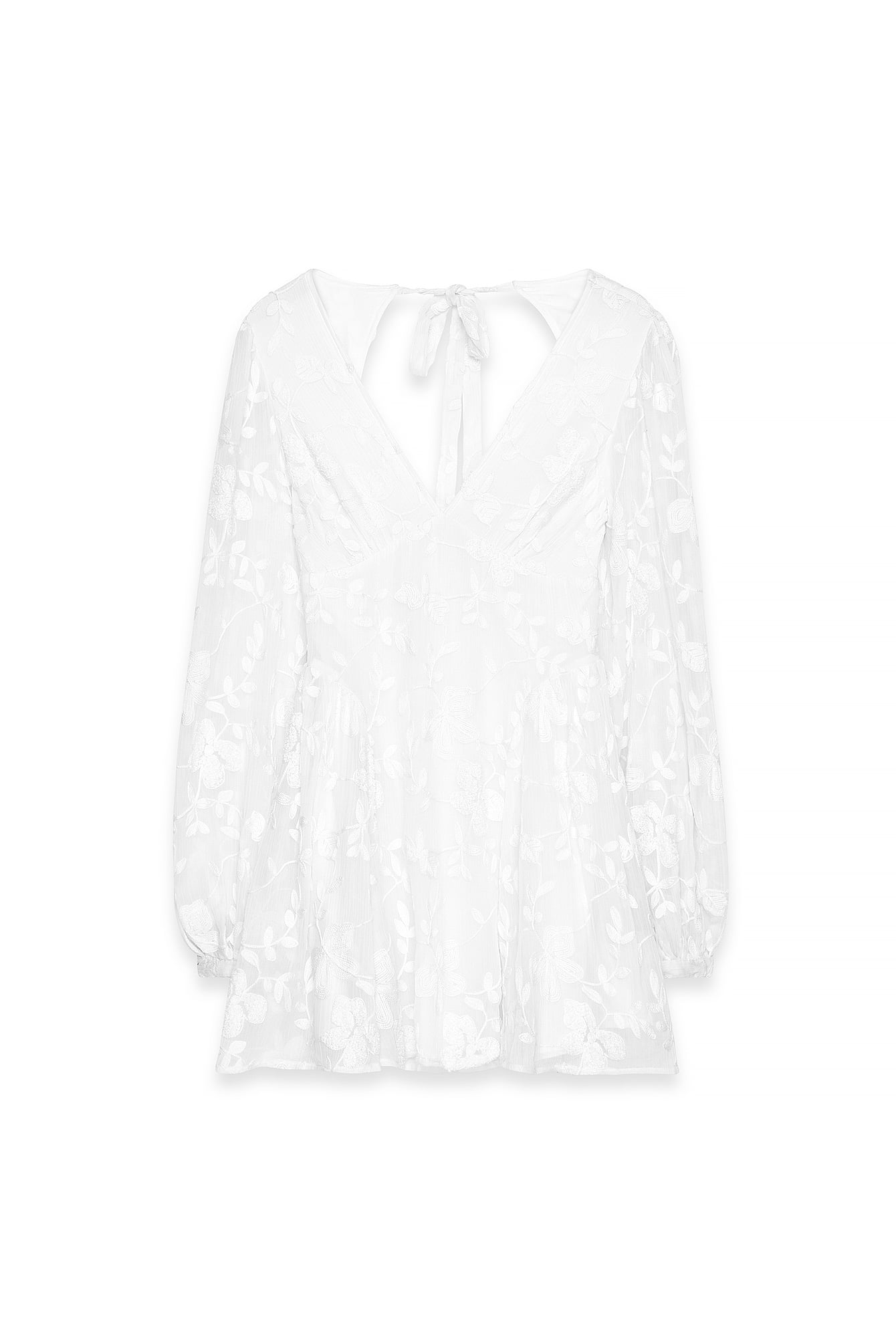 Vestido Corto de Muselina Bordada con Mangas Largas Blanco