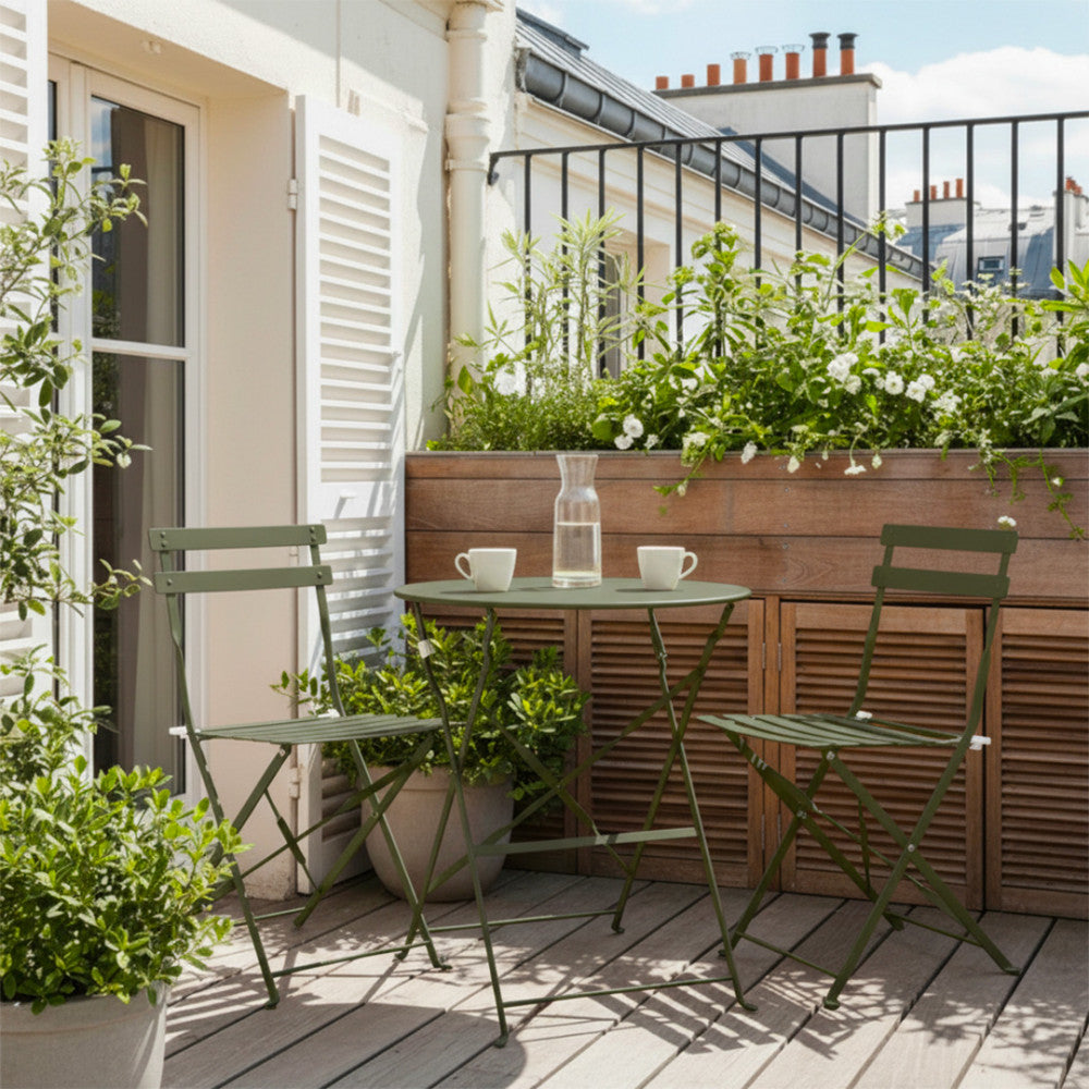 Marseille - Round Folding Bistro Garden Table Set and 2 Chairs - Metal - Khaki Green