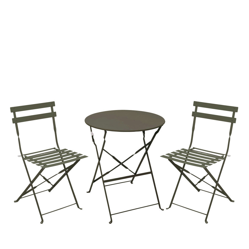 Marseille - Round Folding Bistro Garden Table Set and 2 Chairs - Metal - Khaki Green