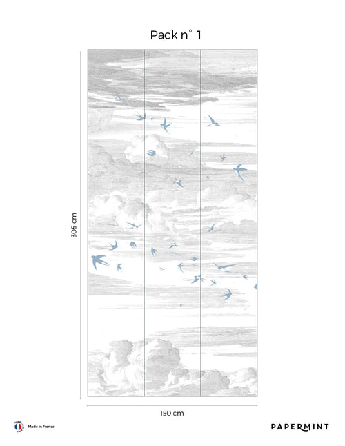 Fresque Envolée - Bleue perle - Fond Grisaille