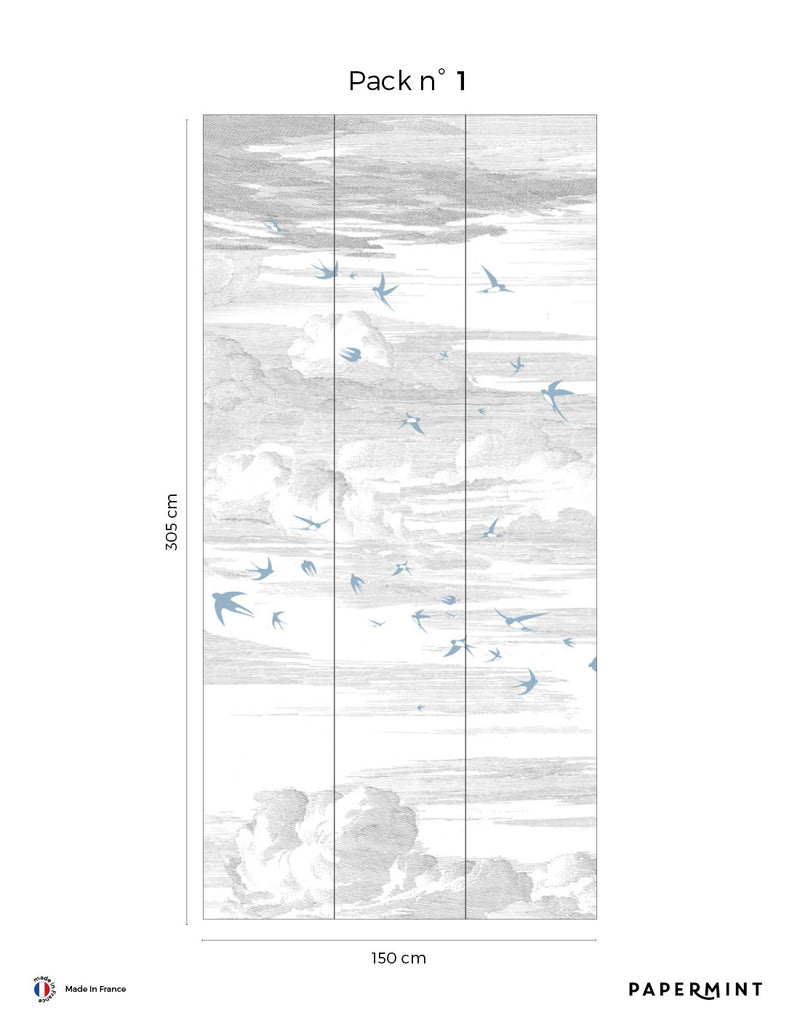 Fresque Envolée - Bleue perle - Fond Grisaille