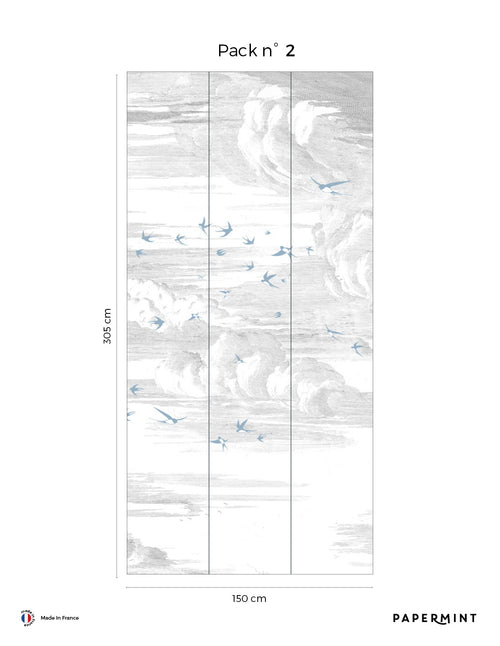 Fresque Envolée - Bleue perle - Fond Grisaille