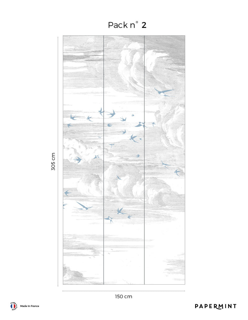 Fresque Envolée - Bleue perle - Fond Grisaille