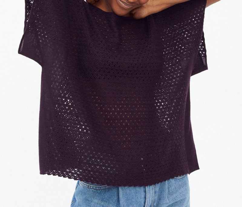 Eric Bompard - Geometric Openwork Short Sleeve Crew Neck Sweater - Sangria - Women