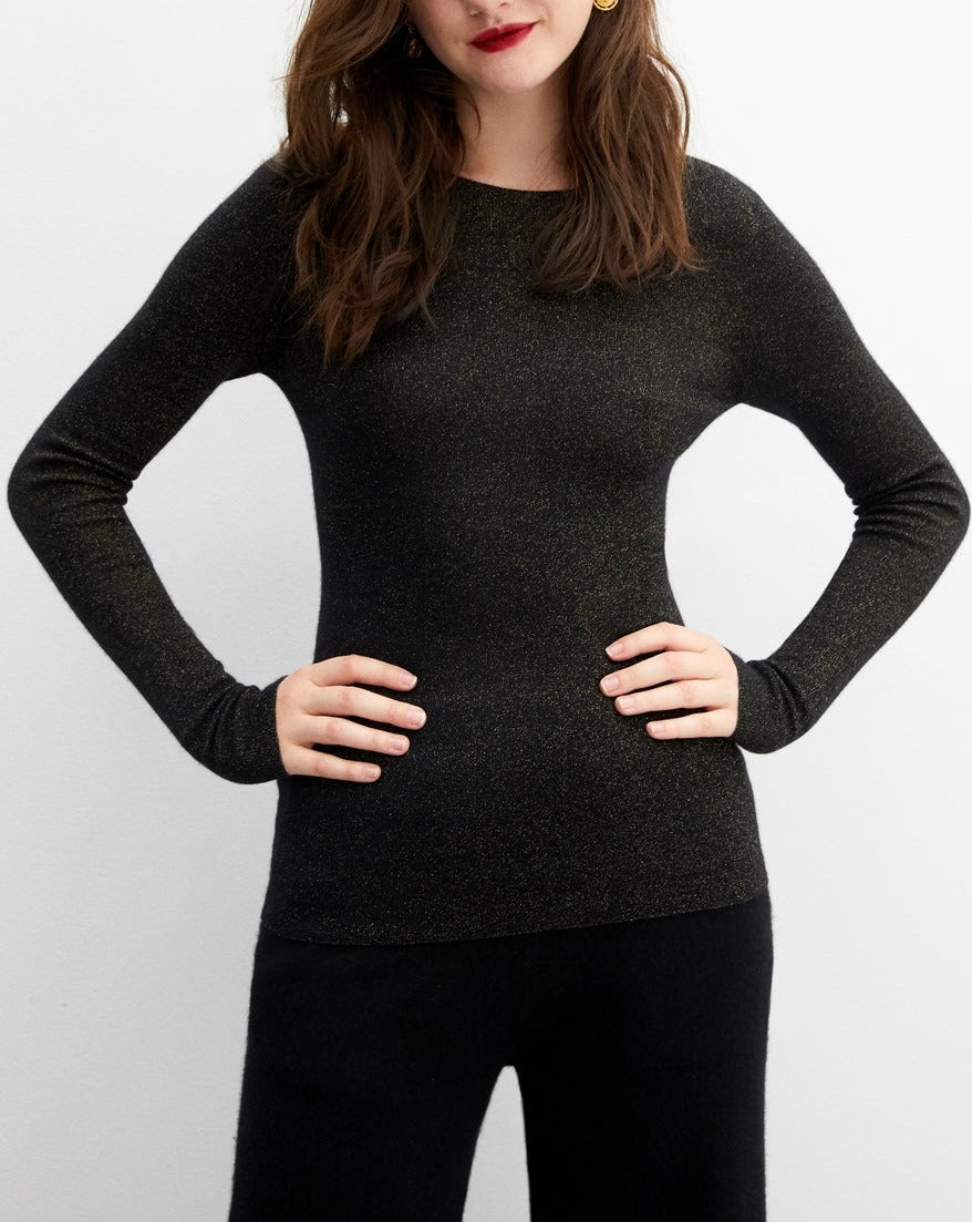 Jersey De Cuello Redondo Sin Costuras Con Canalé Metalizado - Negro - Mujer
