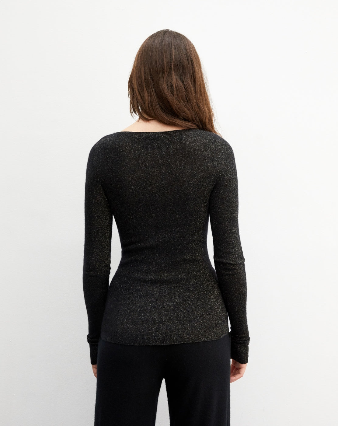 Jersey De Cuello Redondo Sin Costuras Con Canalé Metalizado - Negro - Mujer