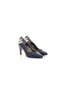 Closed pump with high heel in navy blue and beige leather Louloute Patricia Blanchet - face