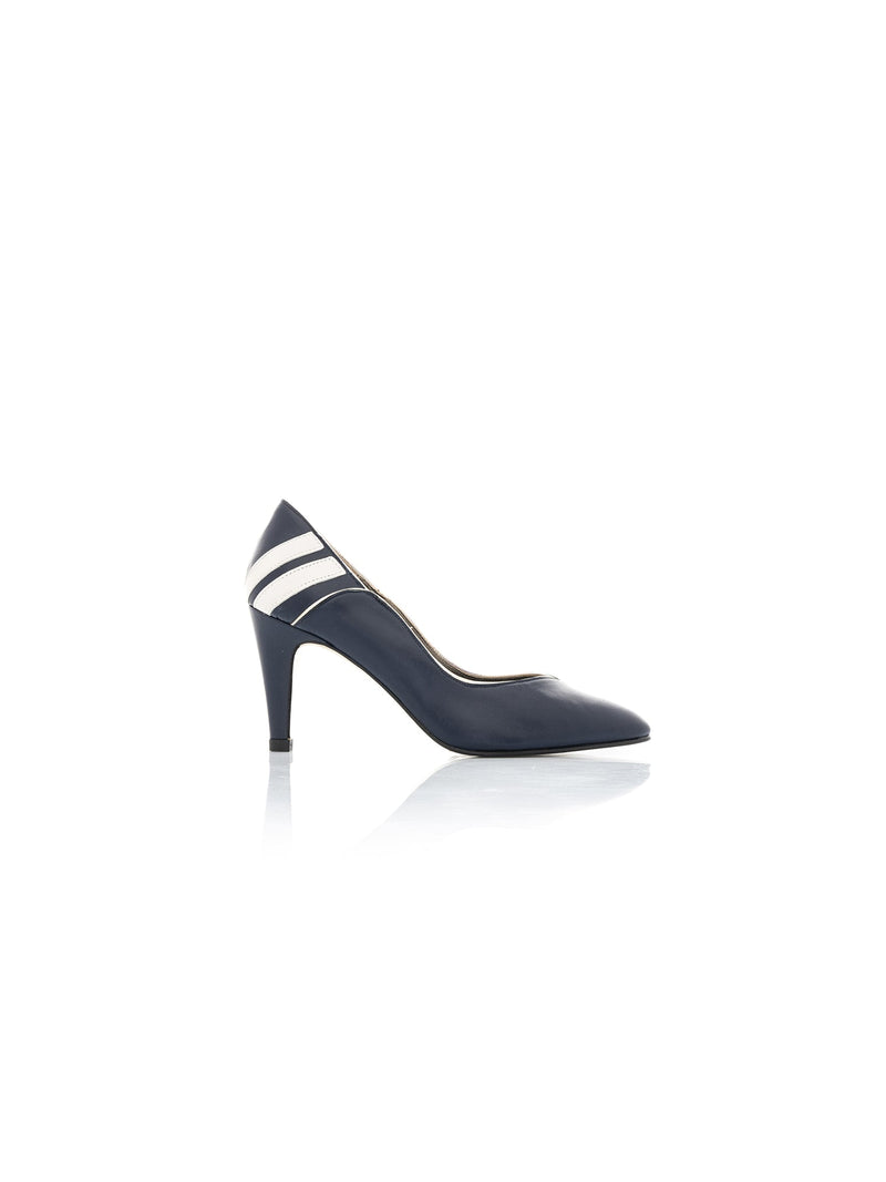 Closed pump with high heel in navy blue and beige leather Louloute Patricia Blanchet - profile