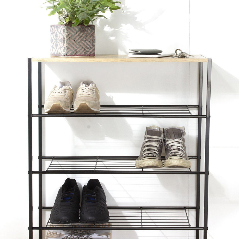 Etagère À Chaussures 5 Niveaux En Métal Noir - Décor Bois