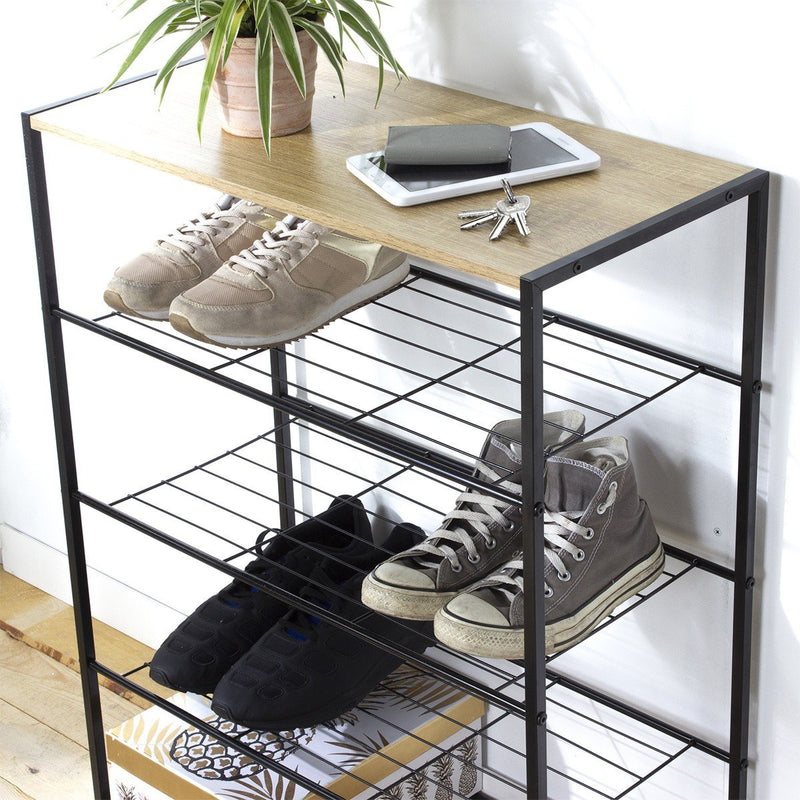 Etagère À Chaussures 5 Niveaux En Métal Noir - Décor Bois