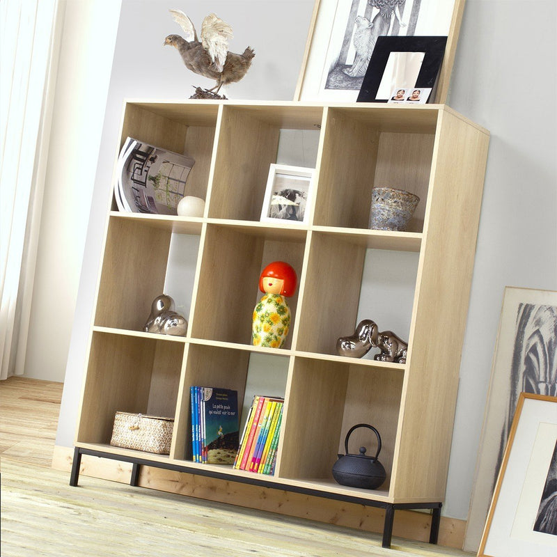 Etagère De Rangement 9 Cases Avec Pieds Métal - Décor Bois